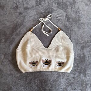 ROMWE Fairycore Bee Embroidered Halter Knit Top Ivory Boho Crop 4XL